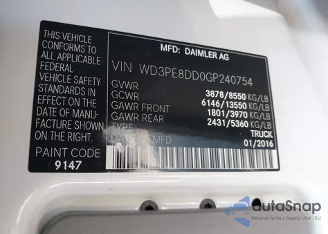 2016 Mercedes-Benz Sprinter 2500 High Roof/High Roof from USA, damaged, VIN WD3PE8DD0GP240754